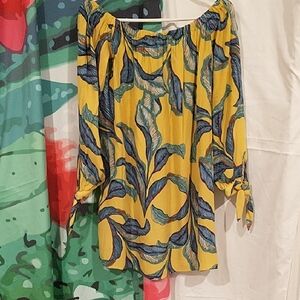 ⛵5/$15 Forever 21 Off The Shoulder Yellow and Blue Leaf Pattern Blouse/Dress